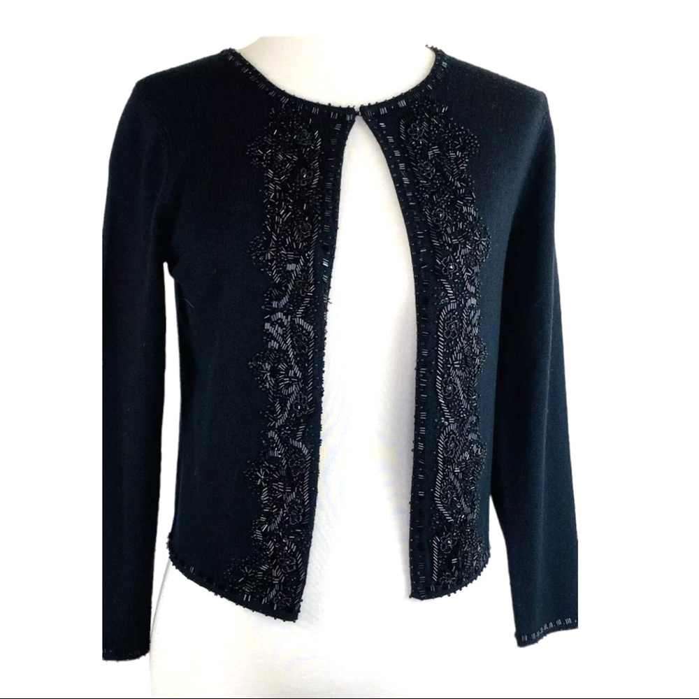 BROOKS BROTHERS Open Front Sweater Fine Merino Italian Wool Hand Beaded Black XS - Picture 12 of 12